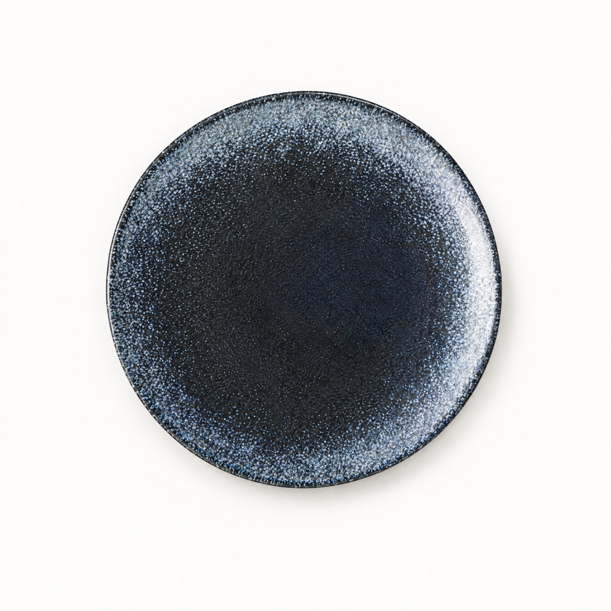 Japanese ceramic shallow plate in a dark charcoal speckled reactive glaze, seen from above on a plain background