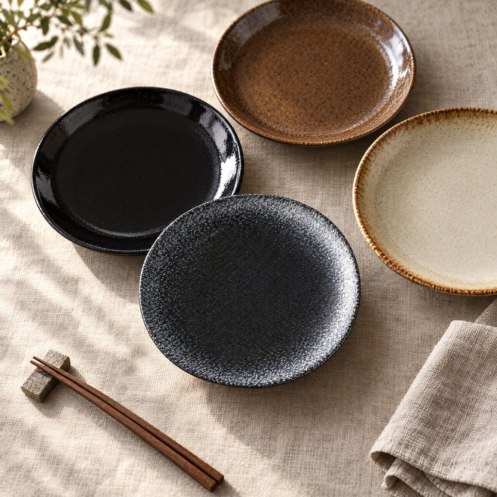Four Japanese ceramic shallow plates in black, charcoal speckle, mocha and cream glazes grouped on a linen tablecloth with chopsticks