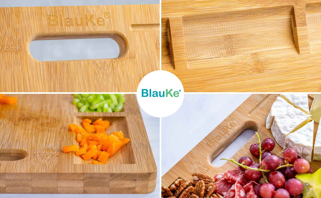 Extra-large bamboo cutting and serving board with juice groove and compartments — scale view