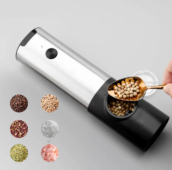 Minimalist stainless steel precision pepper grinder on kitchen counter — view 9