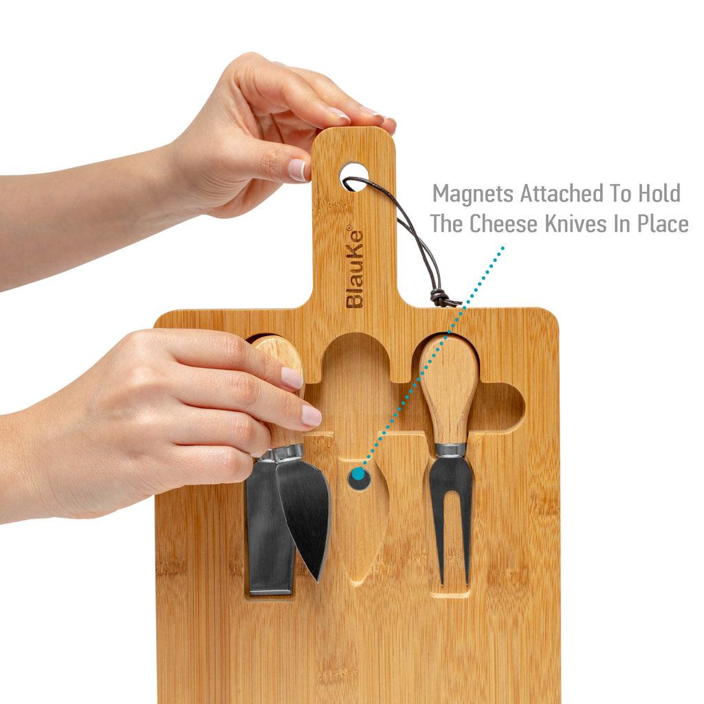 Bamboo cheese board and knife set with magnetic cutlery storage and handle — view 7