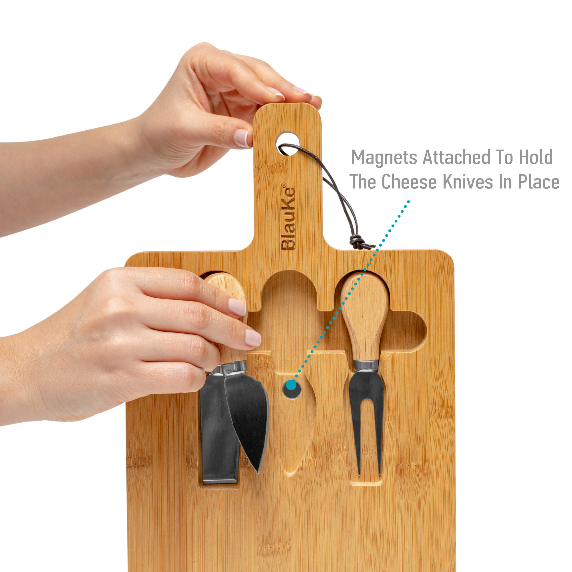 Bamboo cheese board and knife set with magnetic cutlery storage and handle — view 7