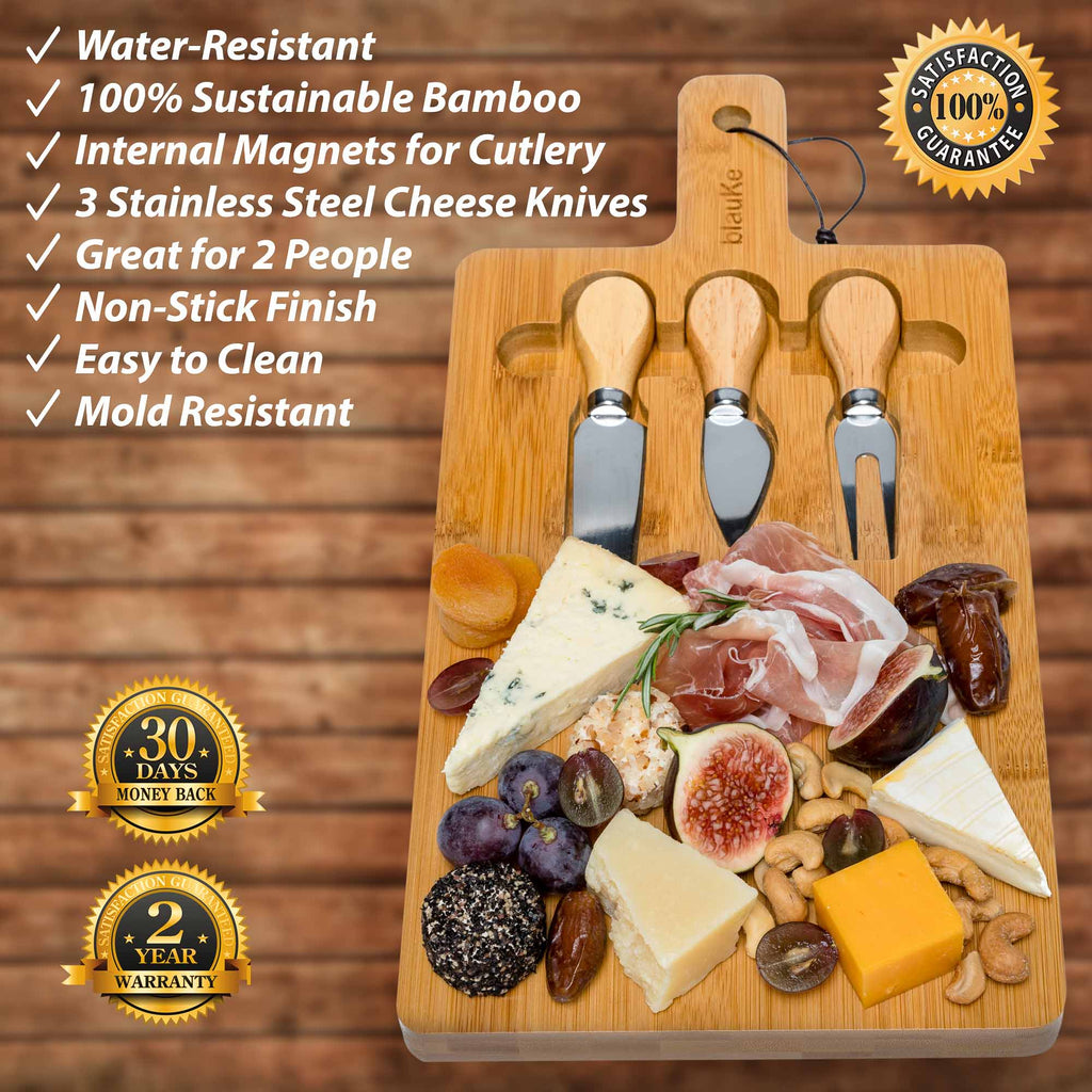Bamboo cheese board and knife set with magnetic cutlery storage and handle — alternate view