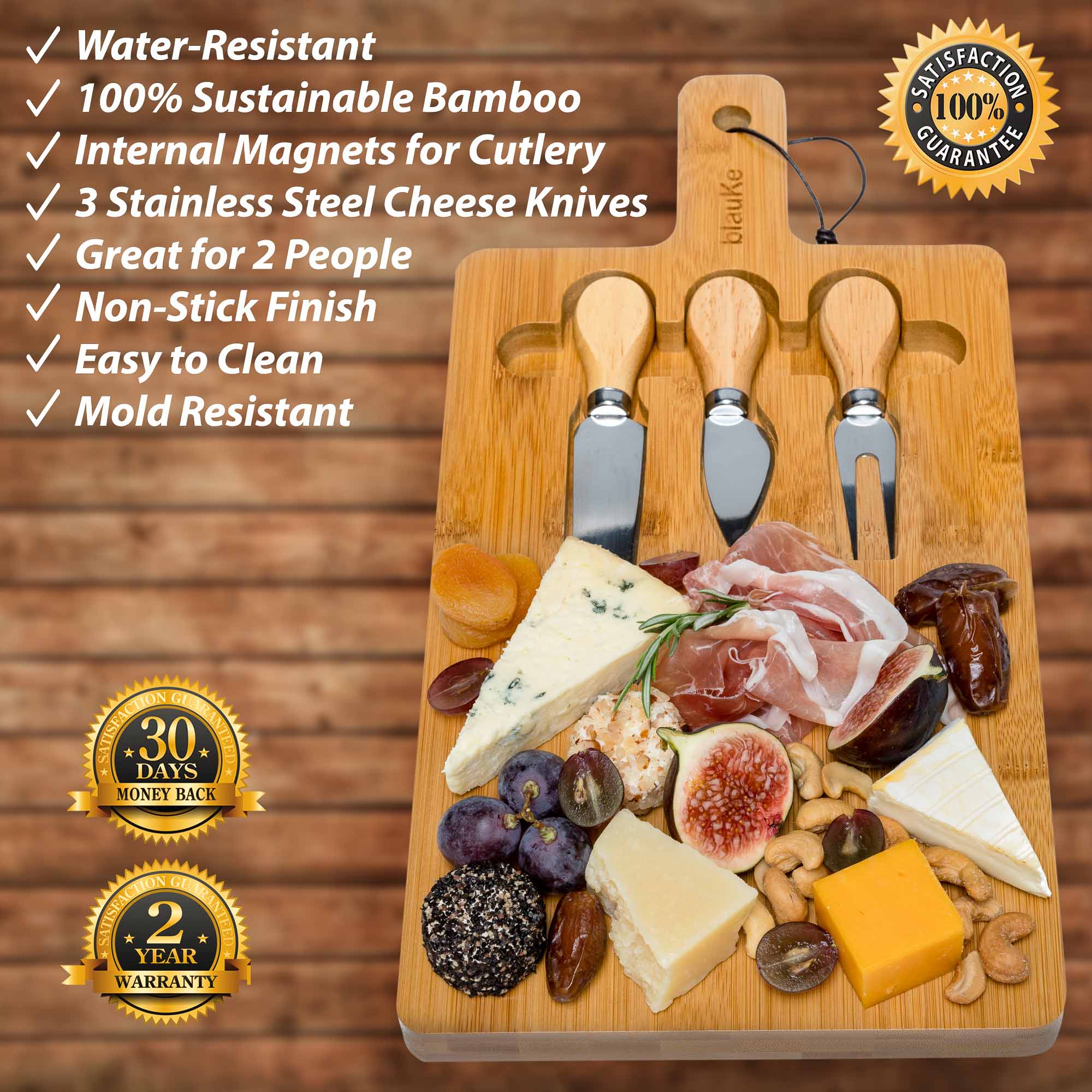 Bamboo cheese board and knife set with magnetic cutlery storage and handle — alternate view