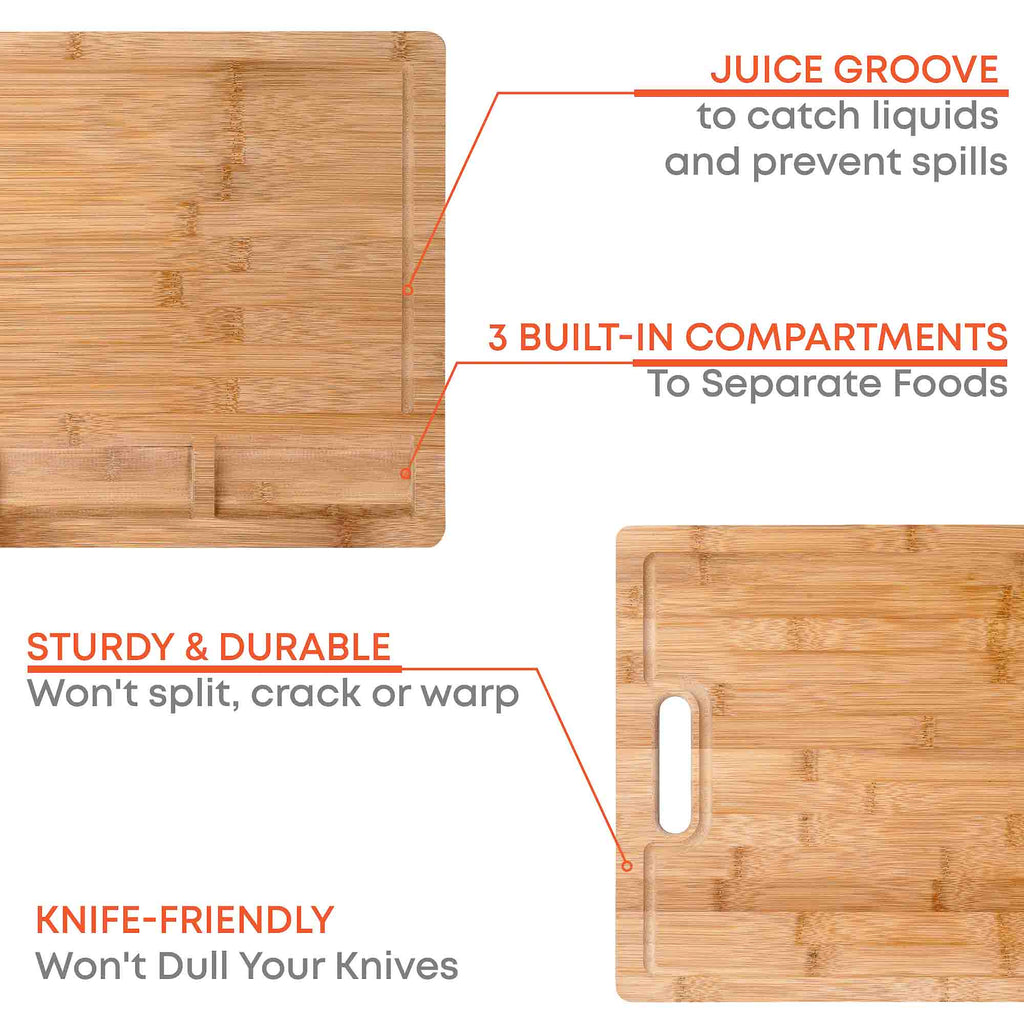 Extra-large bamboo cutting and serving board with juice groove and compartments — view 9