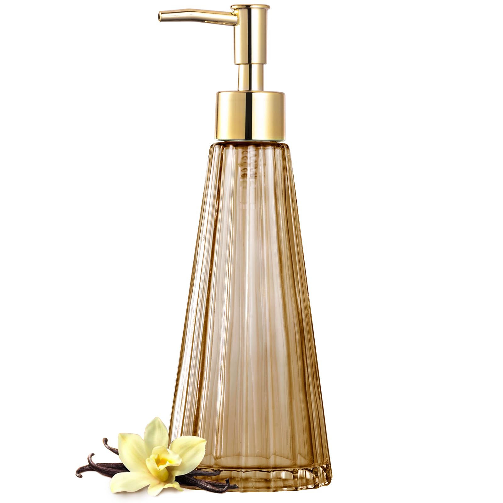 Vintage amber glass soap dispenser with pump on a bathroom counter — alternate view
