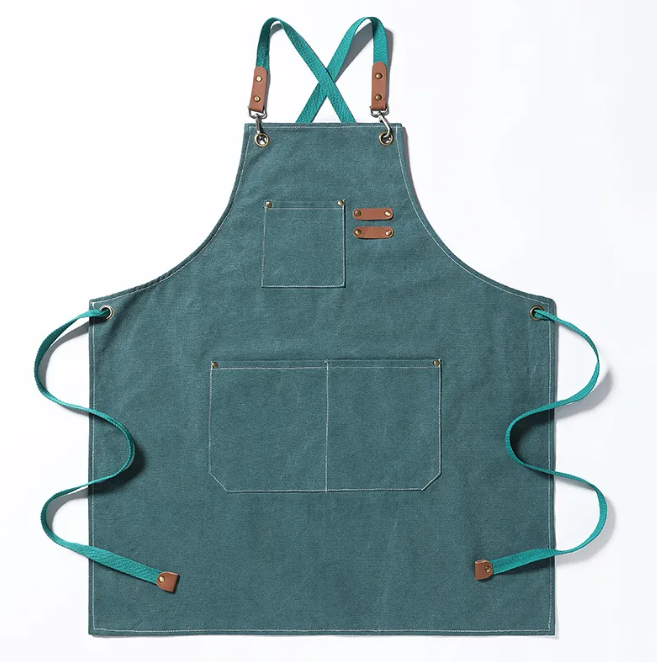 Artisan canvas kitchen apron with adjustable straps and front pockets — view 14
