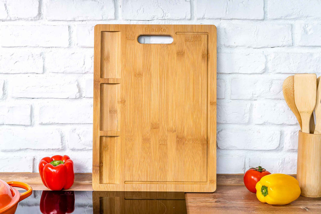 Extra-large bamboo cutting and serving board with juice groove and compartments — view 8