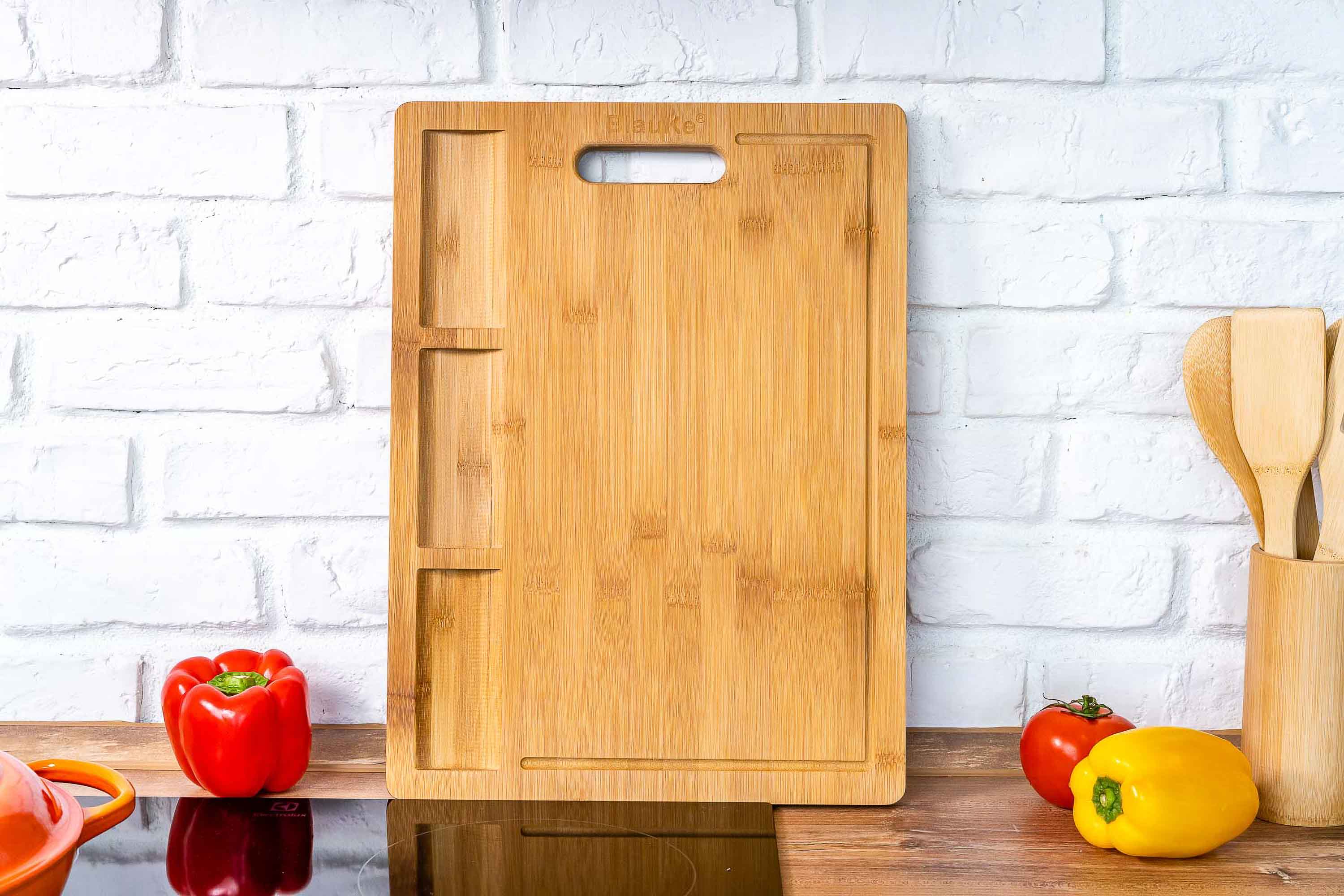 Extra-large bamboo cutting and serving board with juice groove and compartments — view 8