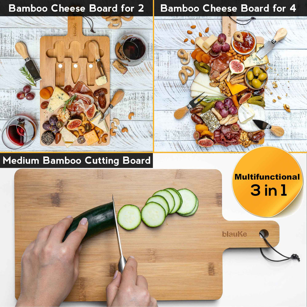 Bamboo cheese board and knife set with magnetic cutlery storage and handle — view 8