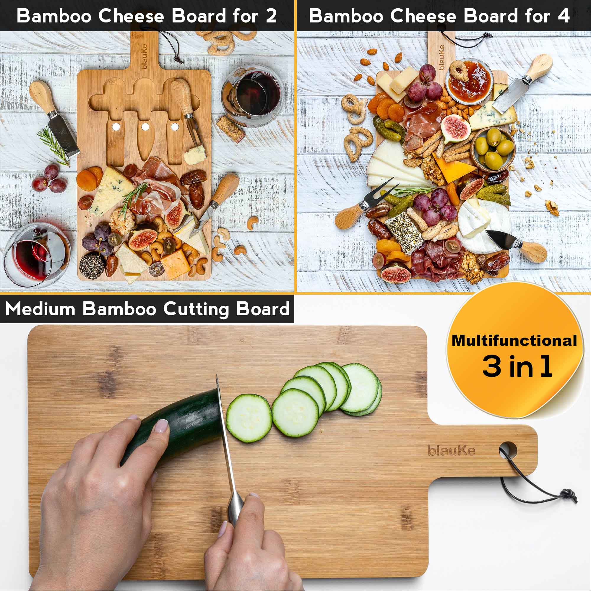 Bamboo cheese board and knife set with magnetic cutlery storage and handle — view 8
