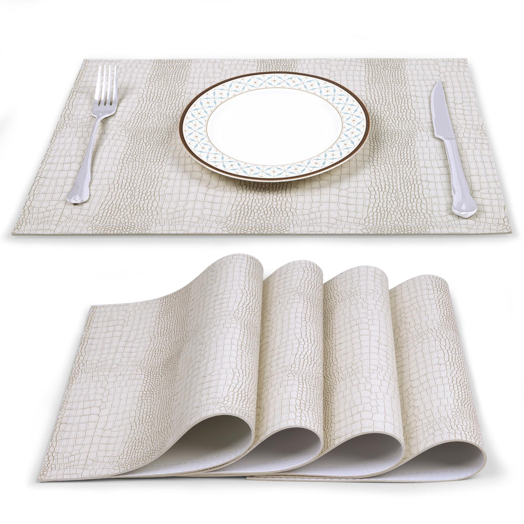 Cream textured faux leather placemats with plate and cutlery — alternate view