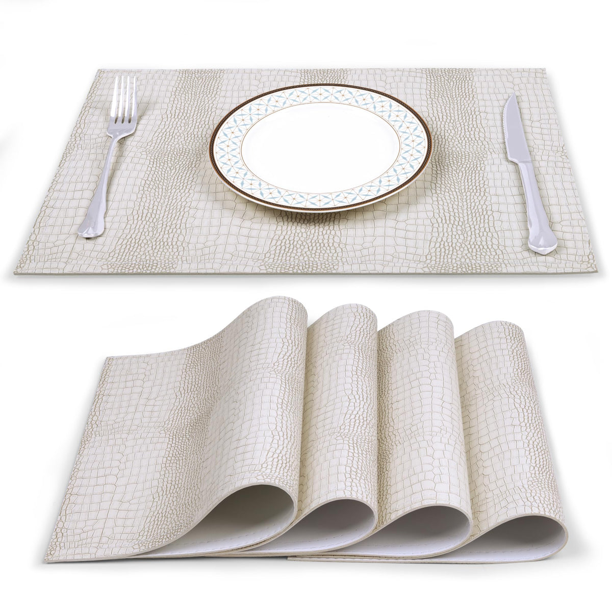 Cream textured faux leather placemats with plate and cutlery — alternate view