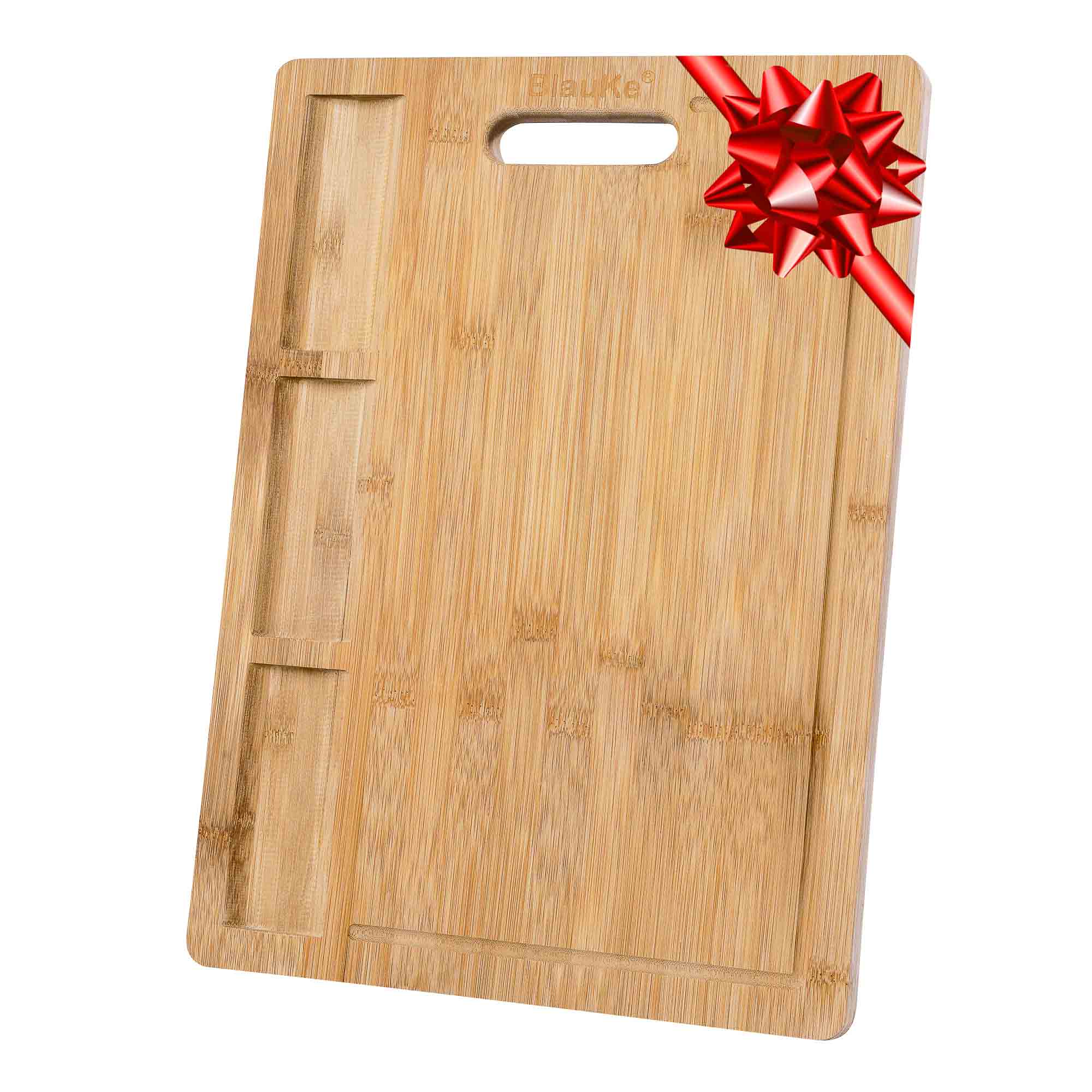 Extra-large bamboo cutting and serving board with juice groove and compartments