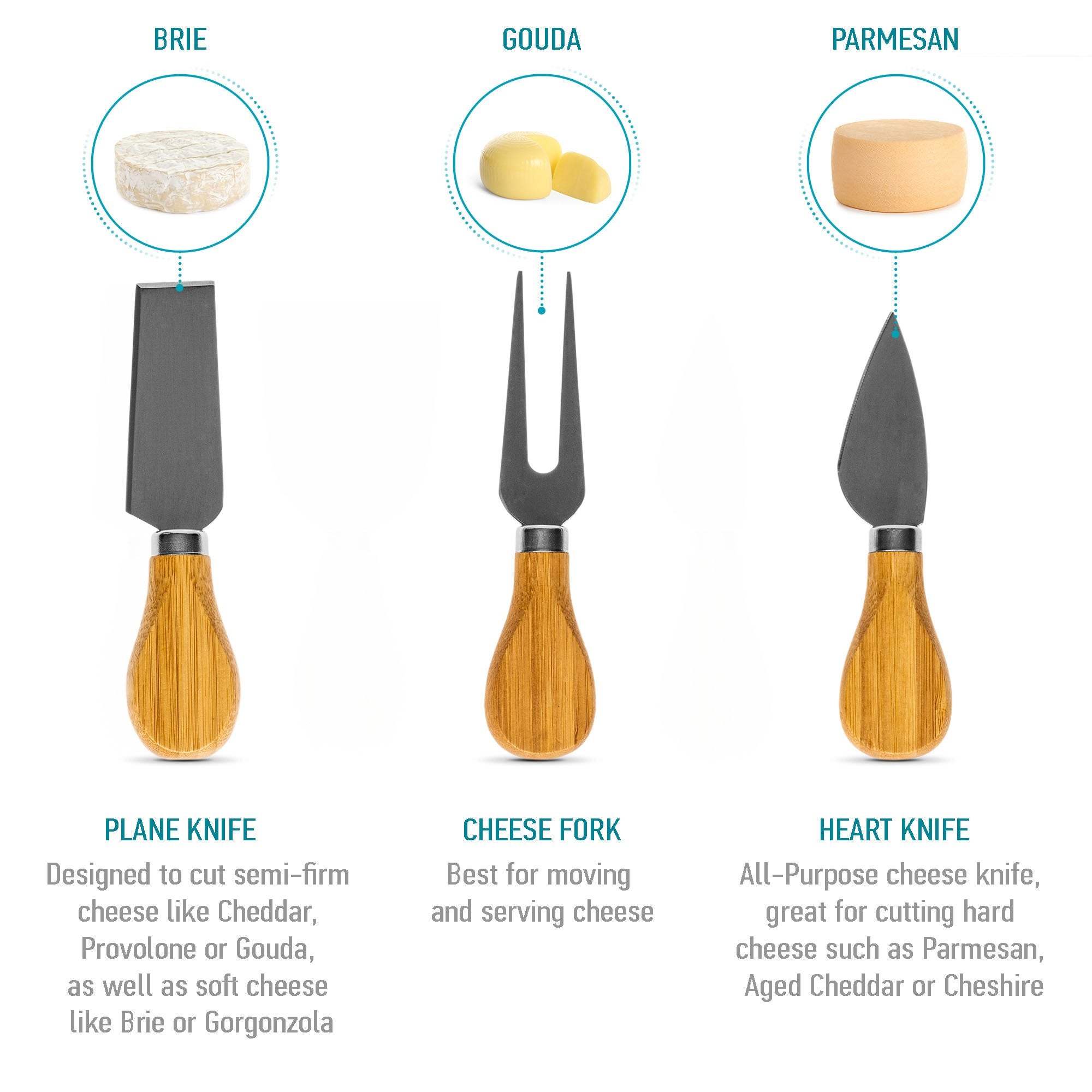 Bamboo cheese board and knife set with magnetic cutlery storage and handle — view 10