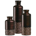 Trio of glossy brown faceted ceramic vases in graduated heights — alternate view