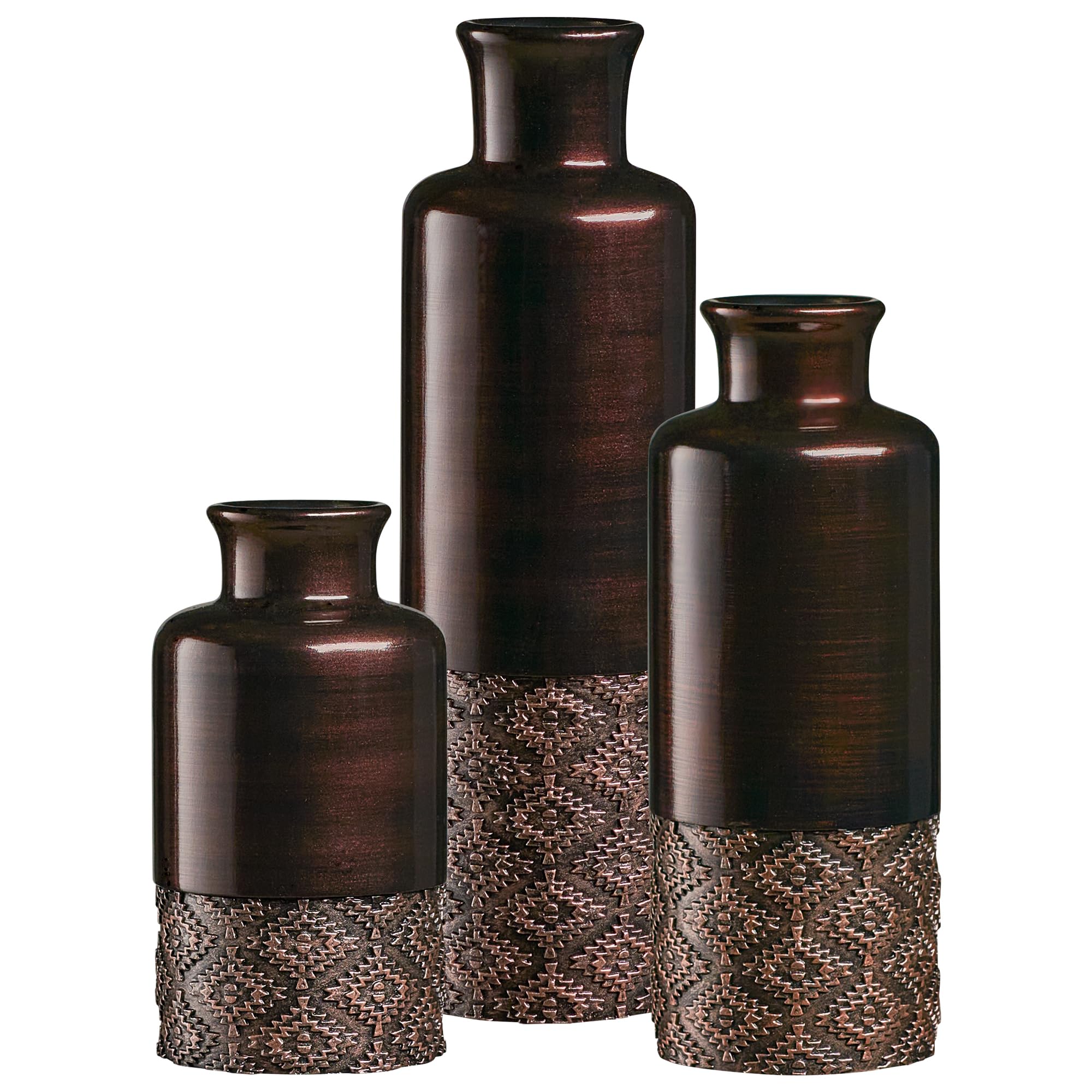 Trio of glossy brown faceted ceramic vases in graduated heights — alternate view