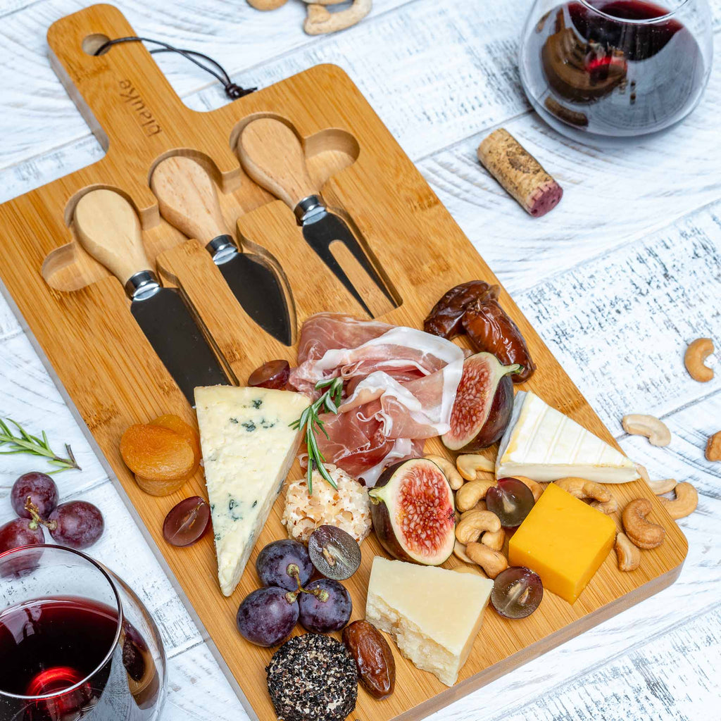 Bamboo cheese board and knife set with magnetic cutlery storage and handle — view 9