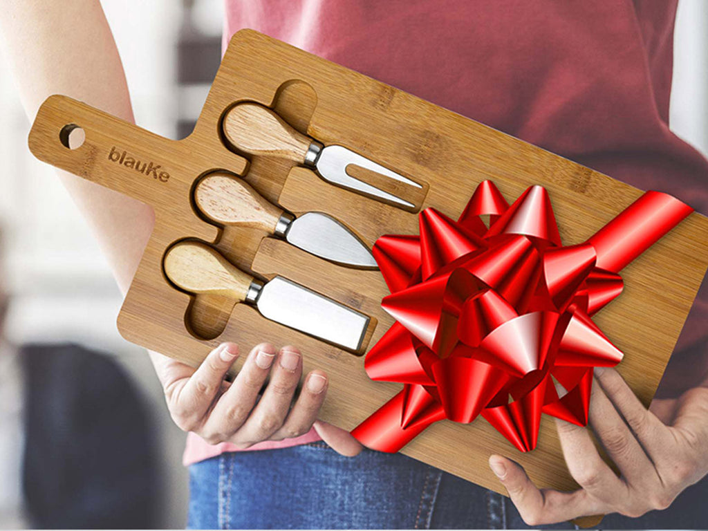 Bamboo cheese board and knife set with magnetic cutlery storage and handle — scale view