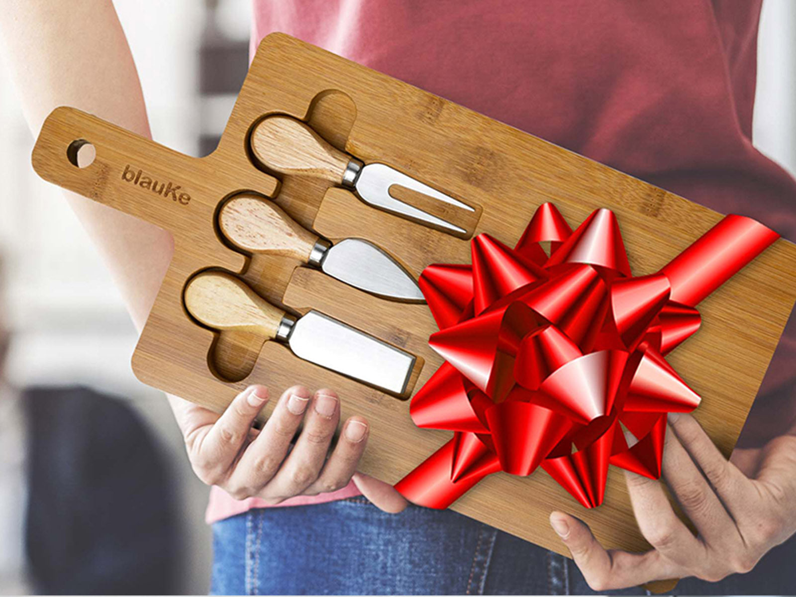 Bamboo cheese board and knife set with magnetic cutlery storage and handle — scale view