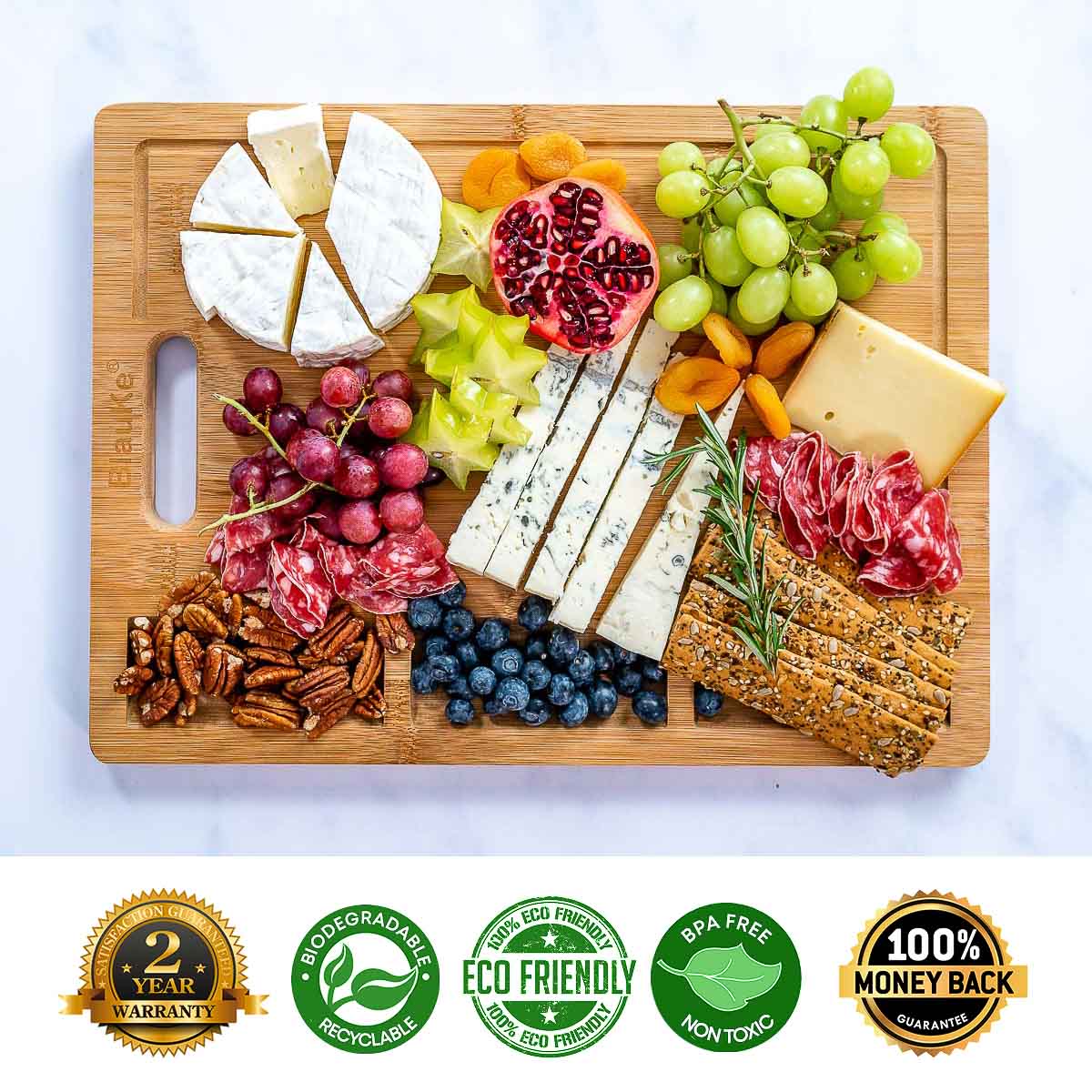 Extra-large bamboo cutting and serving board with juice groove and compartments — view 12