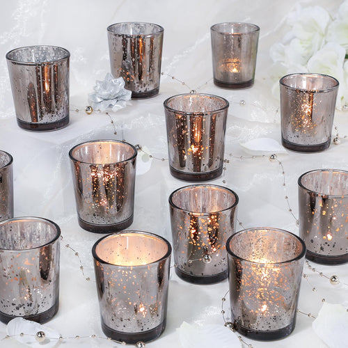 Black speckled mercury glass votive candle holders with warm tealights