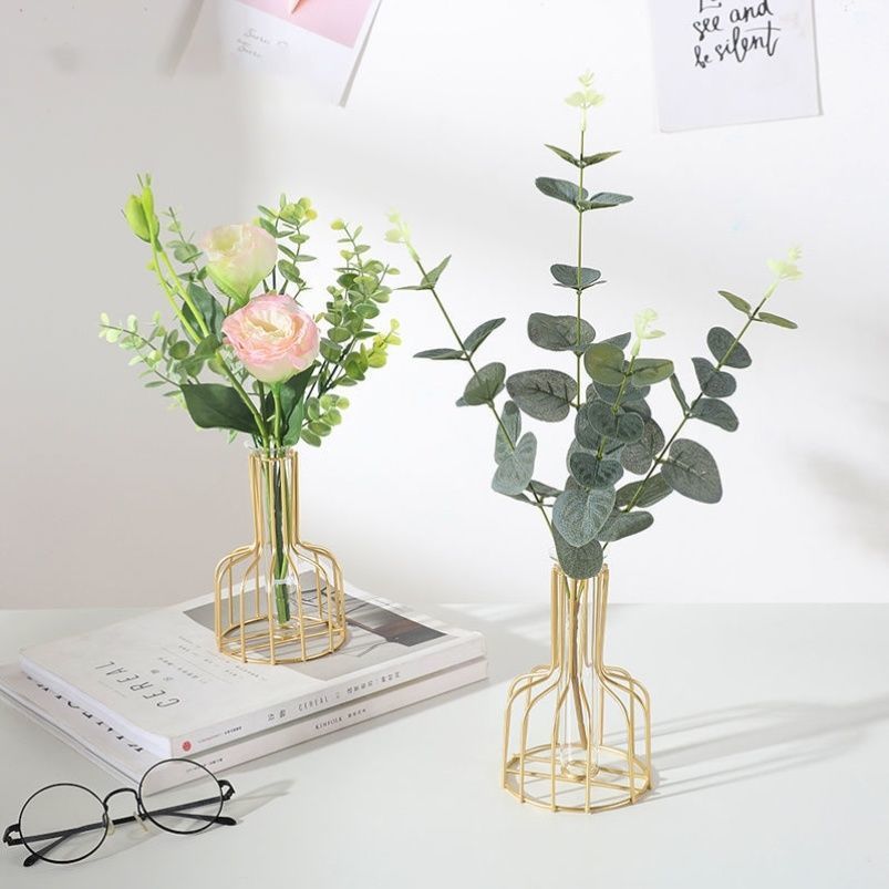 Geometric iron bud vase with glass test tube insert holding a single stem — view 8