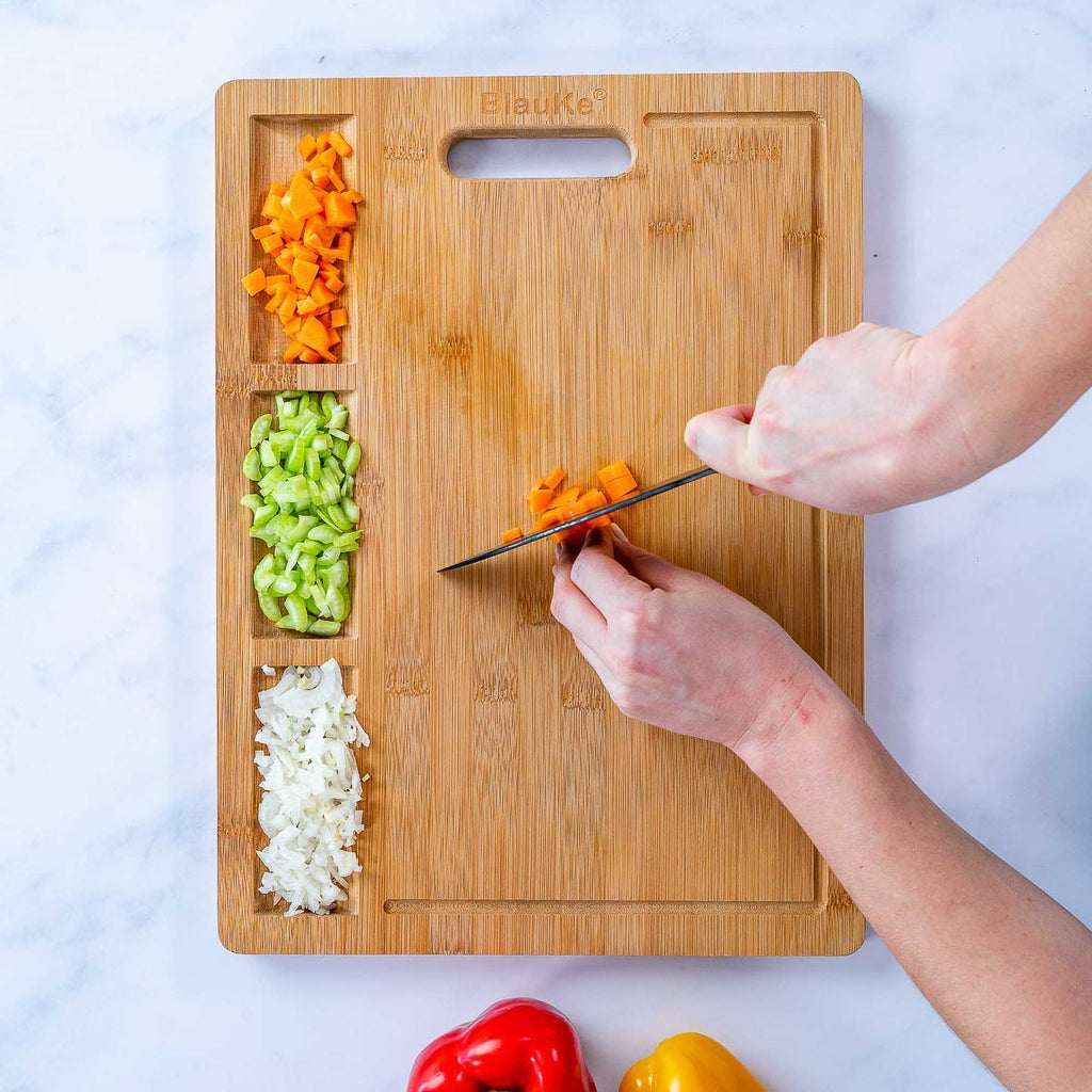 Extra-large bamboo cutting and serving board with juice groove and compartments — alternate view