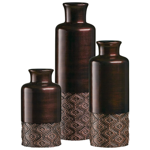Trio of glossy brown faceted ceramic vases in graduated heights