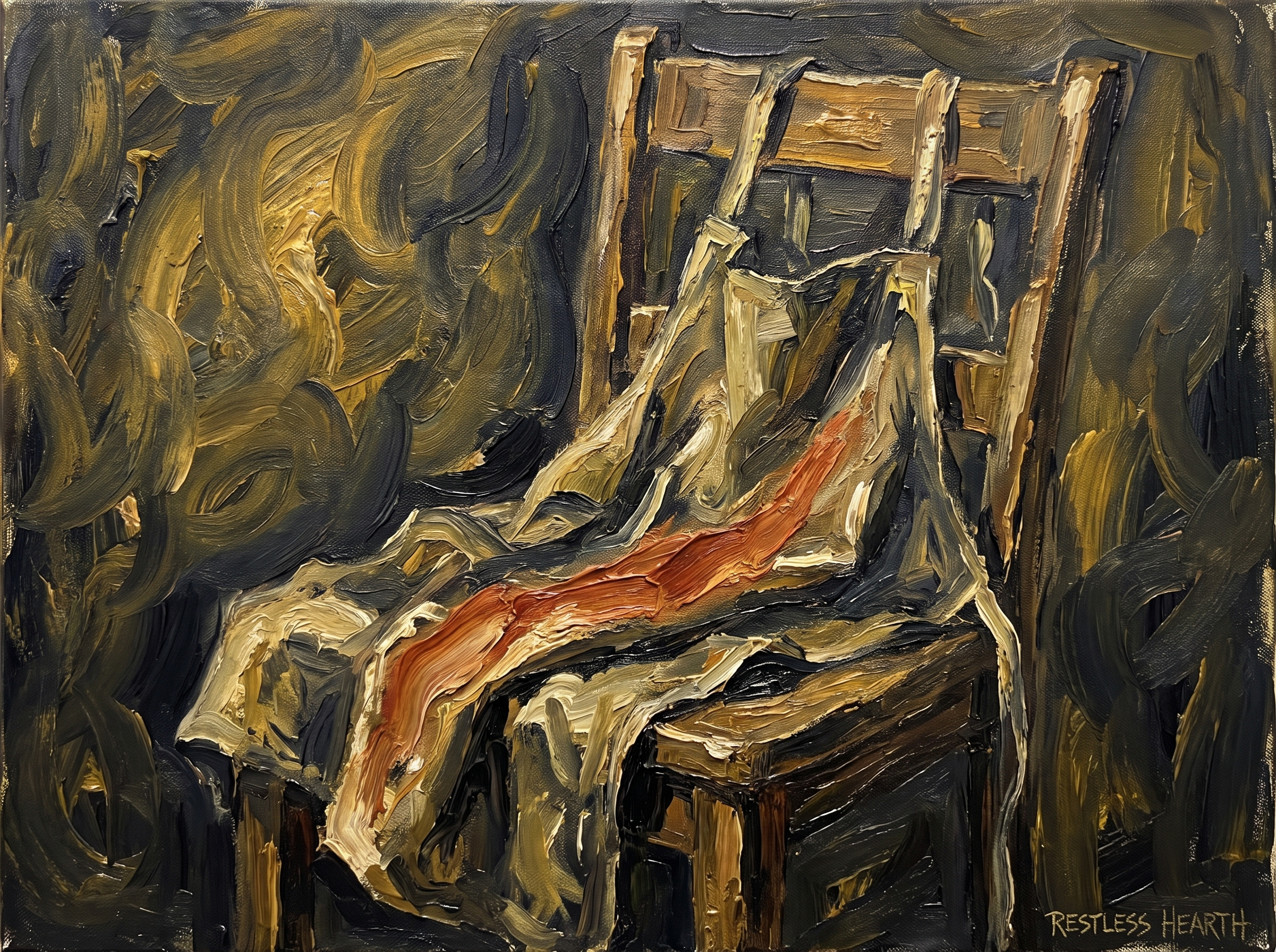 Restless Linen No. 04 — Expressionist digital art print in gold and charcoal
