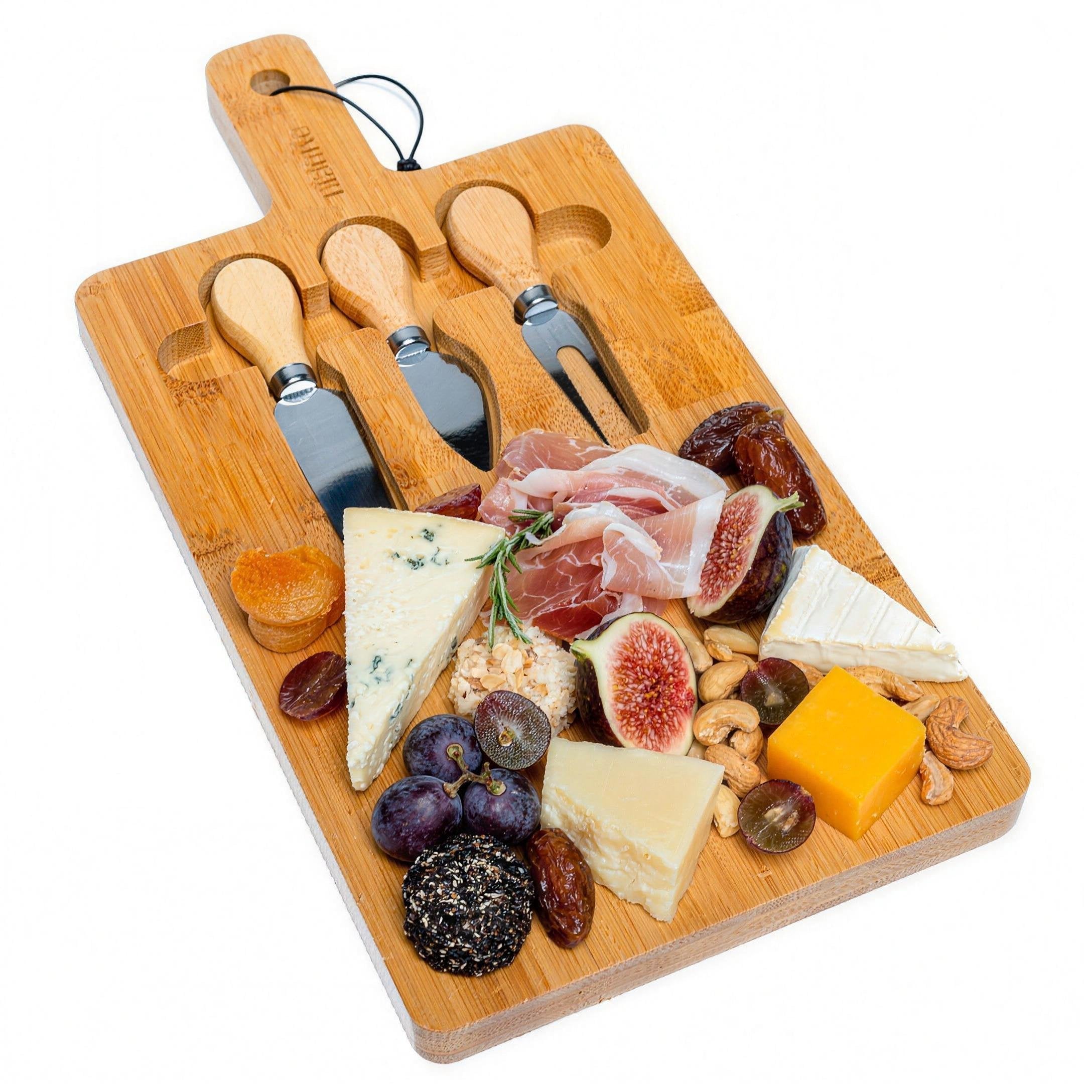 Bamboo cheese board and knife set with magnetic cutlery storage and handle