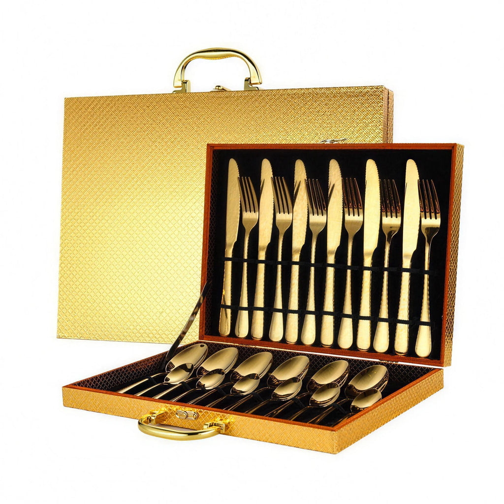 24-piece mirror-gold stainless flatware set in gold gift box