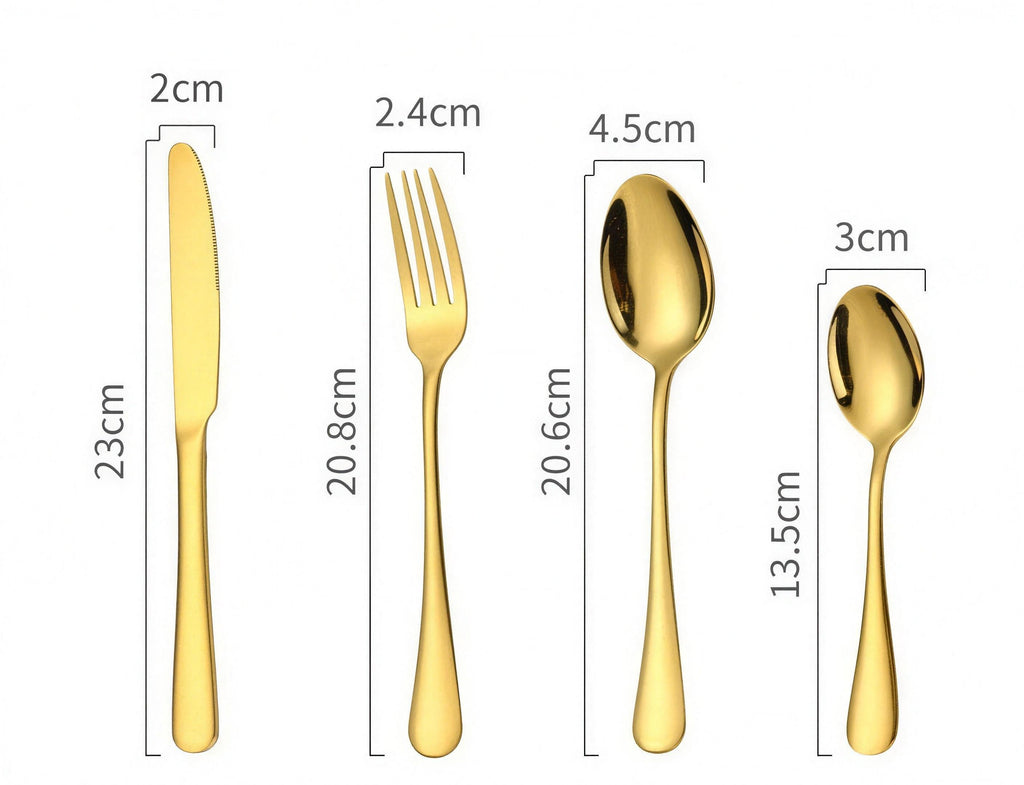 24-piece mirror-gold stainless flatware set in gold gift box — detail view