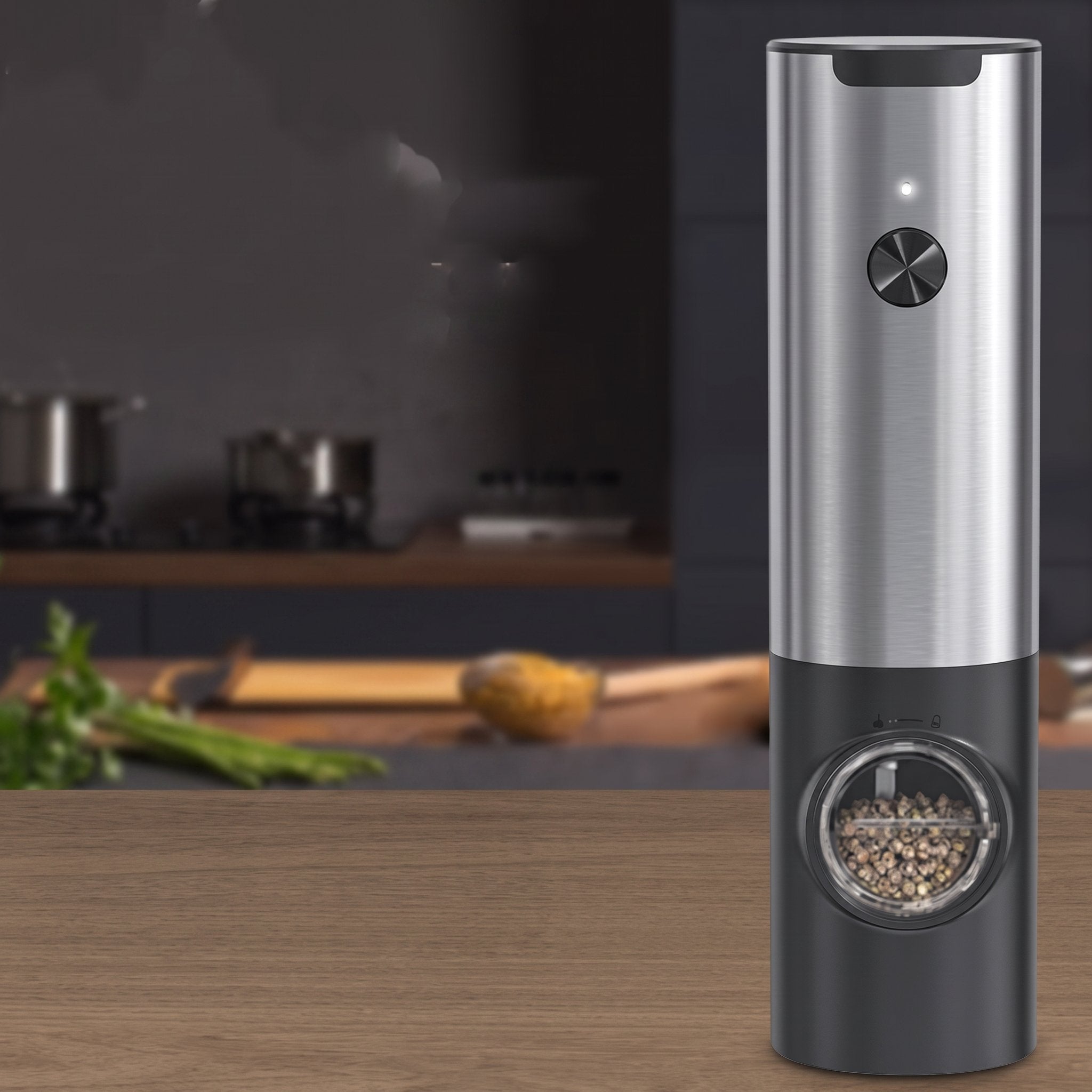 Minimalist stainless steel precision pepper grinder on kitchen counter — scale view