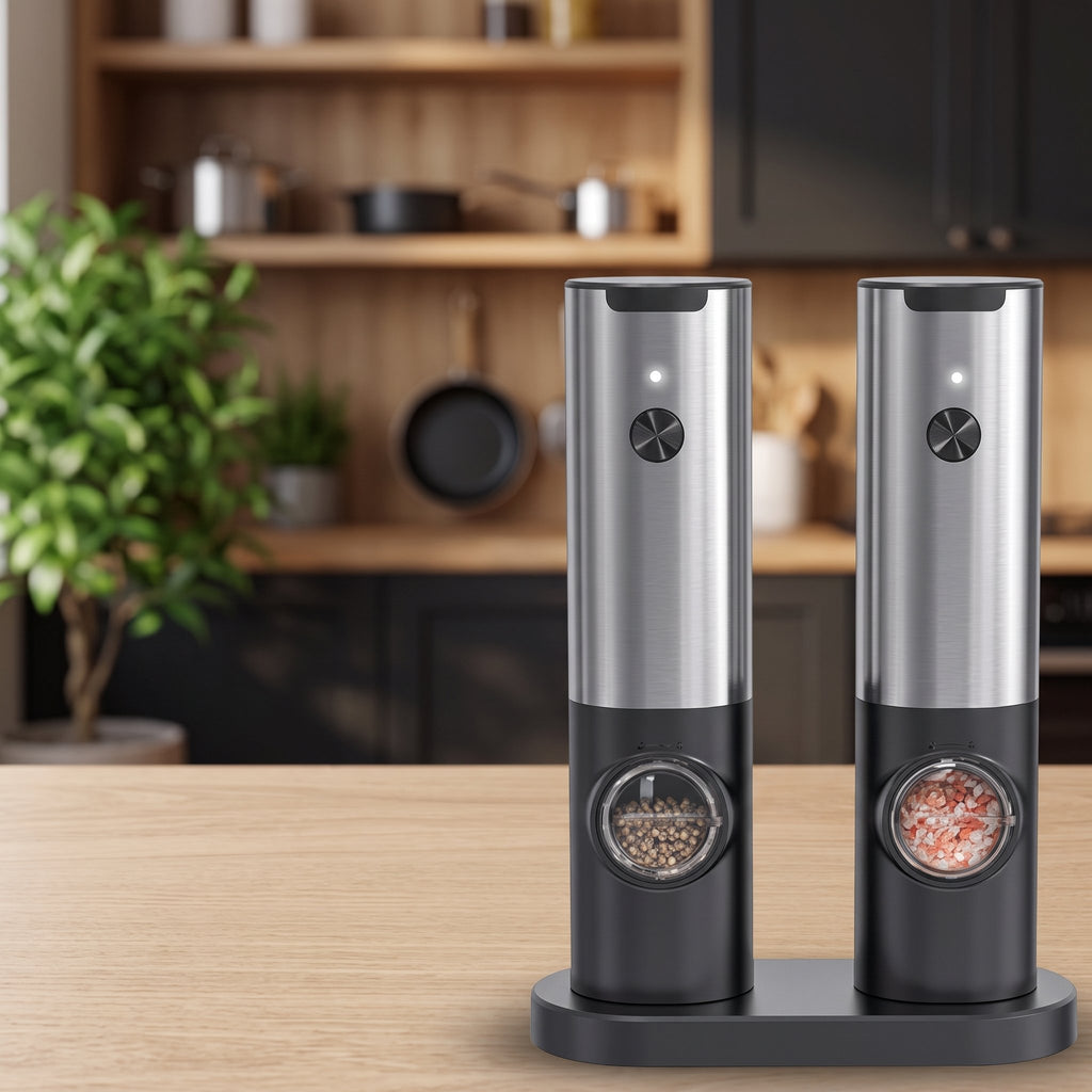 Minimalist stainless steel precision pepper grinder on kitchen counter — view 7