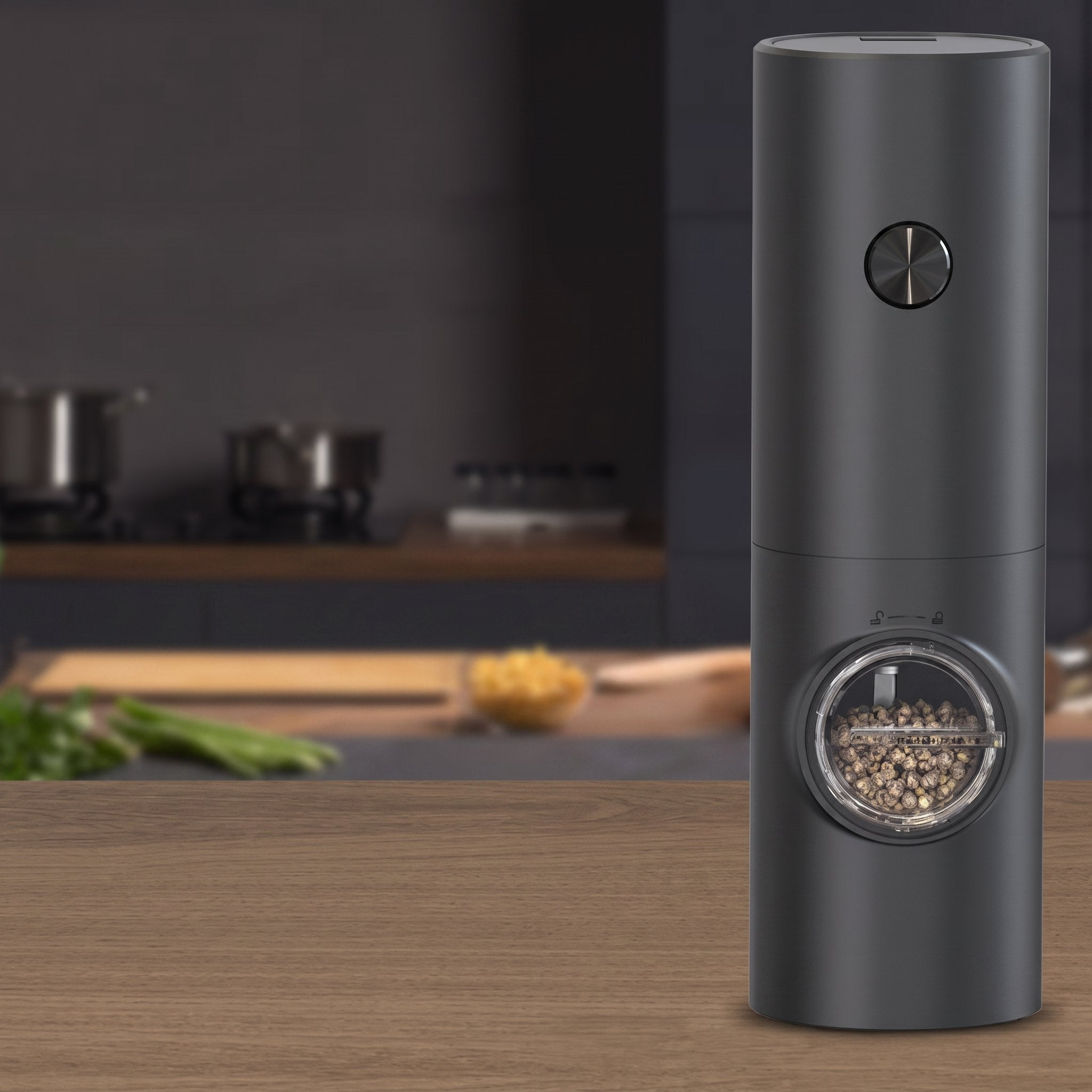 Minimalist stainless steel precision pepper grinder on kitchen counter — view 8