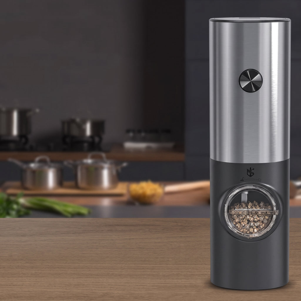 Minimalist stainless steel precision pepper grinder on kitchen counter — view 10