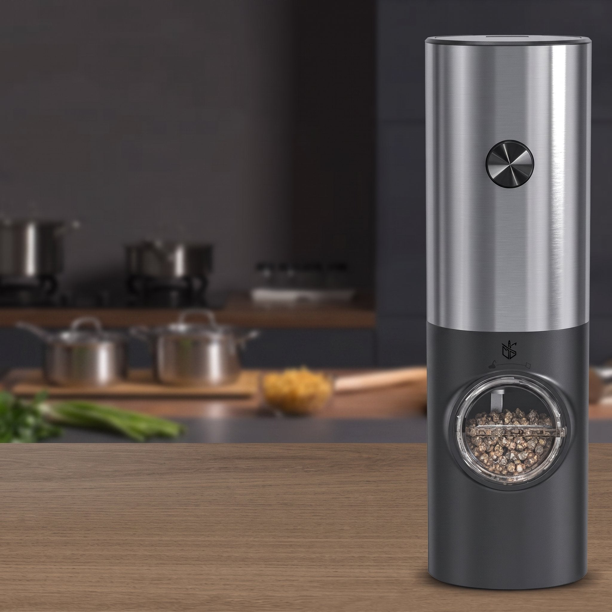 Minimalist stainless steel precision pepper grinder on kitchen counter — view 10