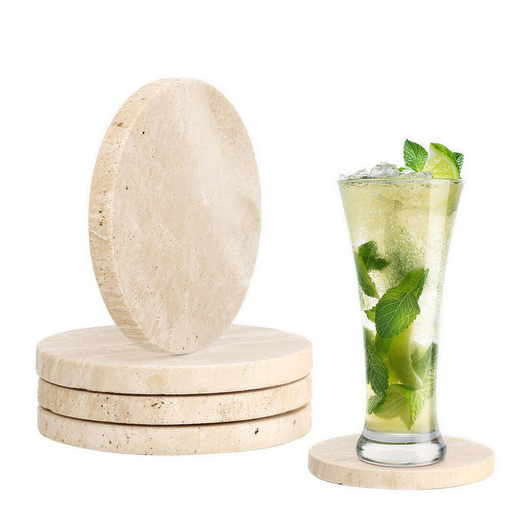 Natural beige travertine stone coasters set of four on a coffee table — alternate view