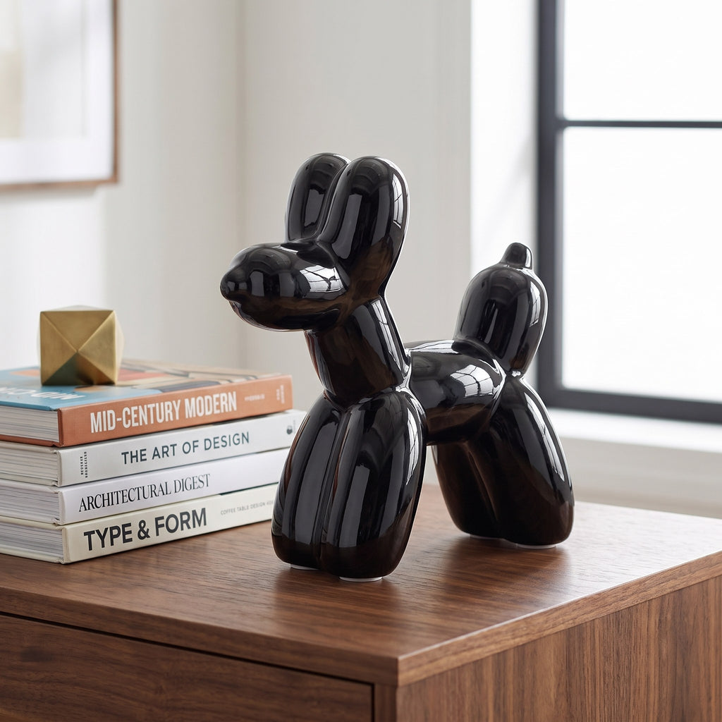 Glossy black ceramic balloon dog sculpture on a walnut desk beside design books