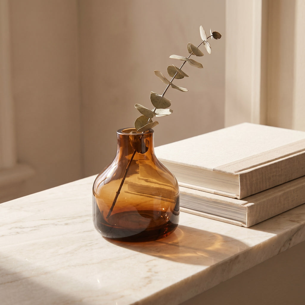 Handblown amber glass bud vase with a dried stem on a marble shelf beside books