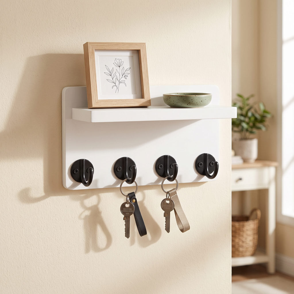 White wooden key holder with shelf mounted in an entryway with keys and a framed print