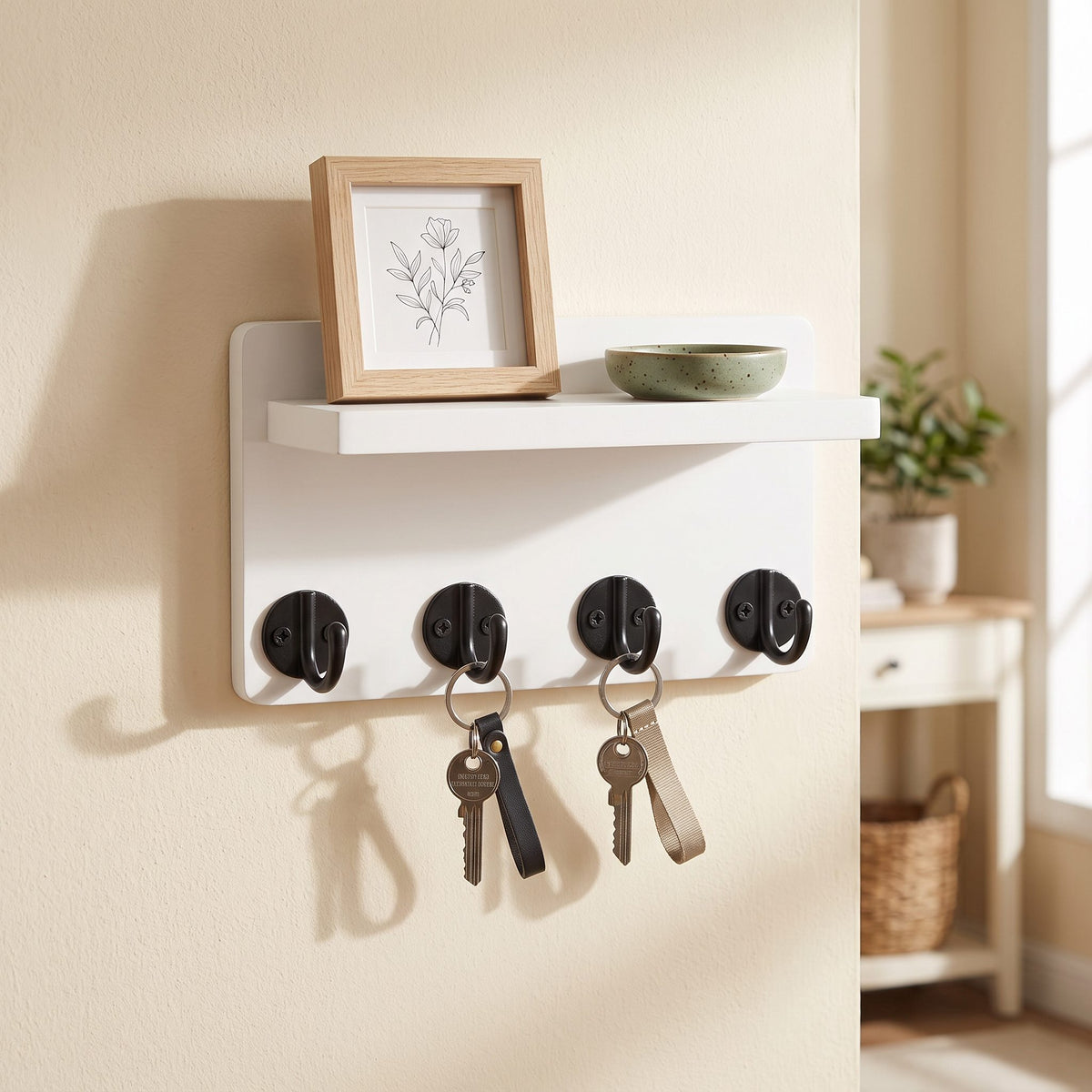 White wooden key holder with shelf mounted in an entryway with keys and a framed print