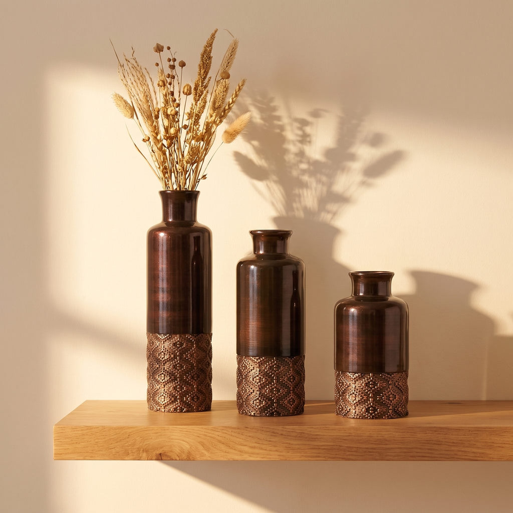 Faceted ceramic vase trio in graduated heights on an oak shelf with dried stems