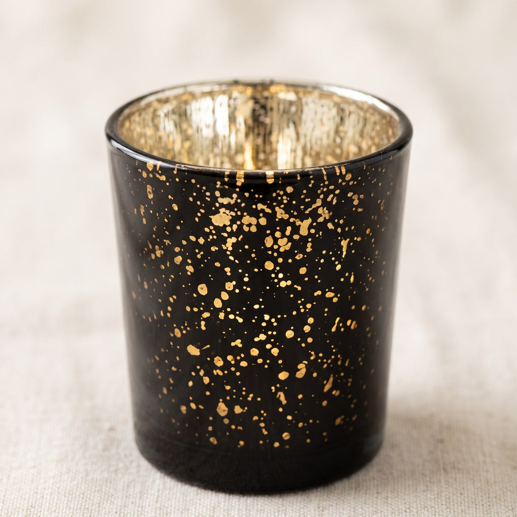 Black speckled votive holder detail showing the gold speckle texture on black glass