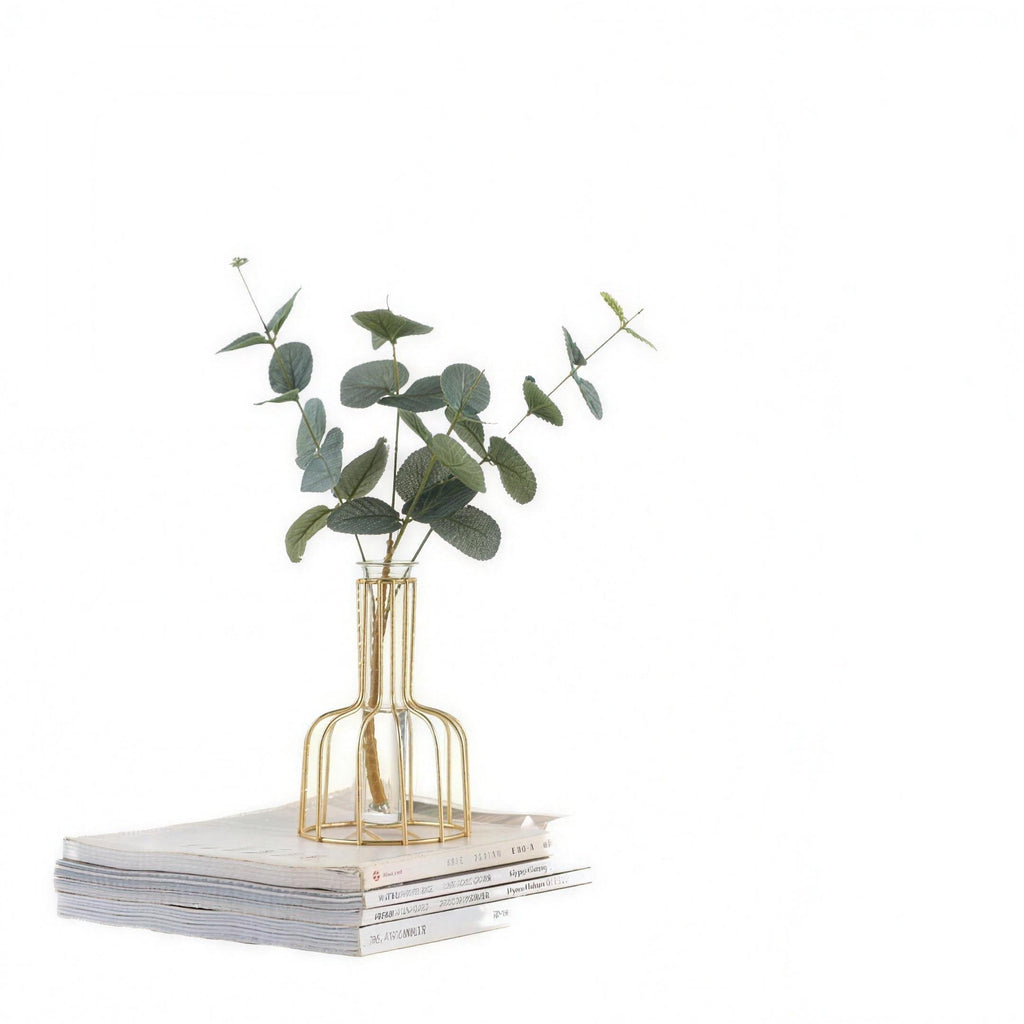 Geometric iron bud vase with glass test tube insert holding a single stem