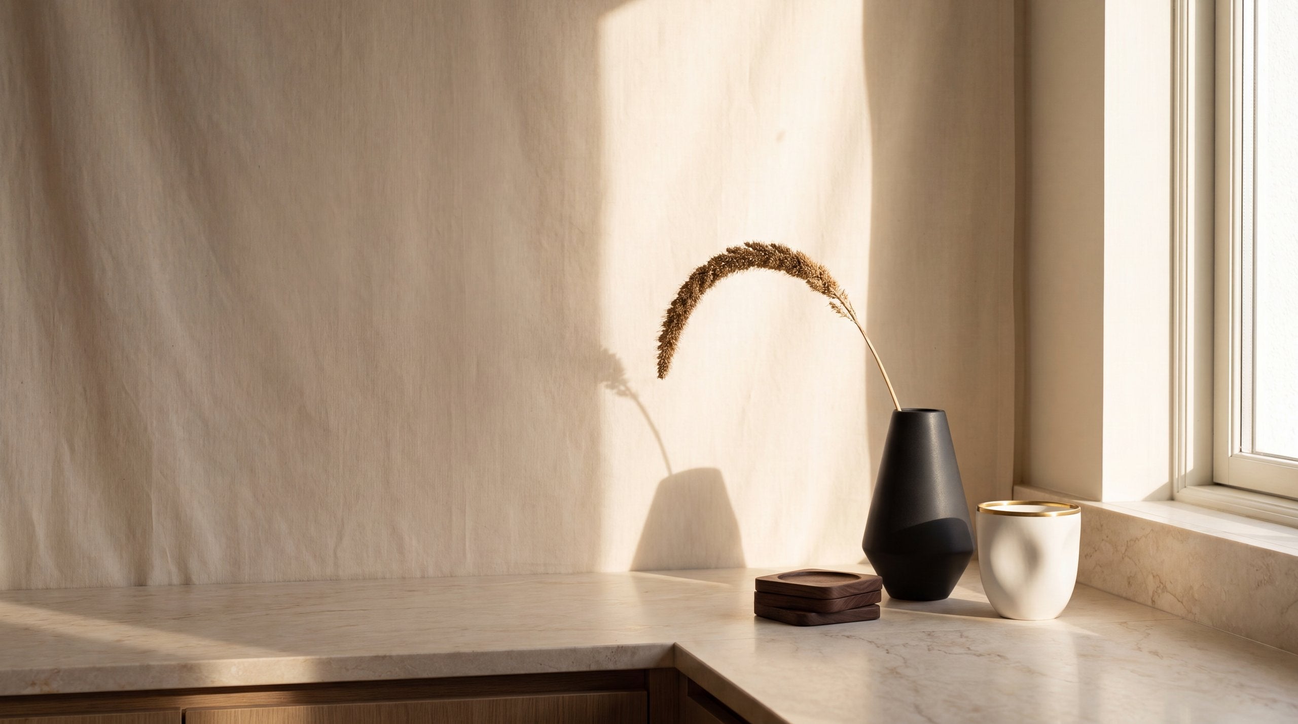 Editorial still life: matte black vase with dried stem, walnut coasters and gold-rimmed ceramic on cream marble